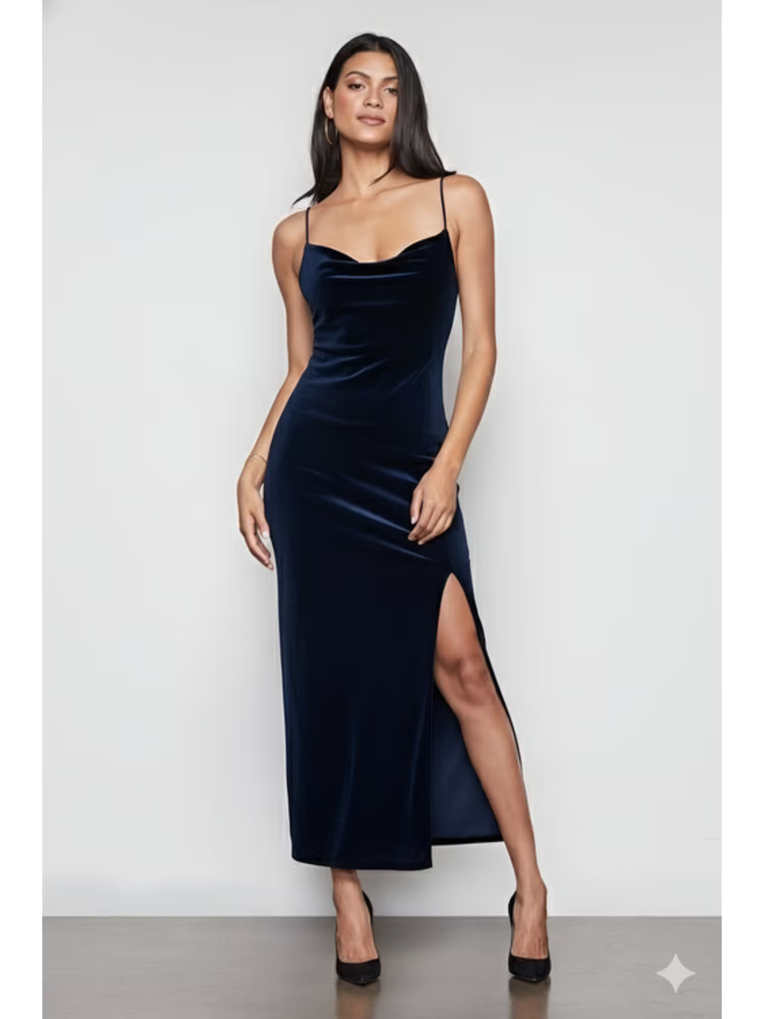 Blue Velvet Cowl Neck Maxi Dress